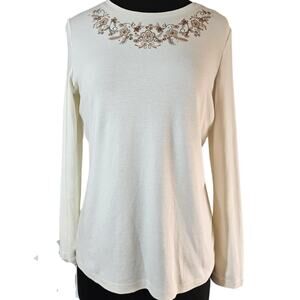 Cream Knit Top with Embroidered Rhinestone Detail Size Medium